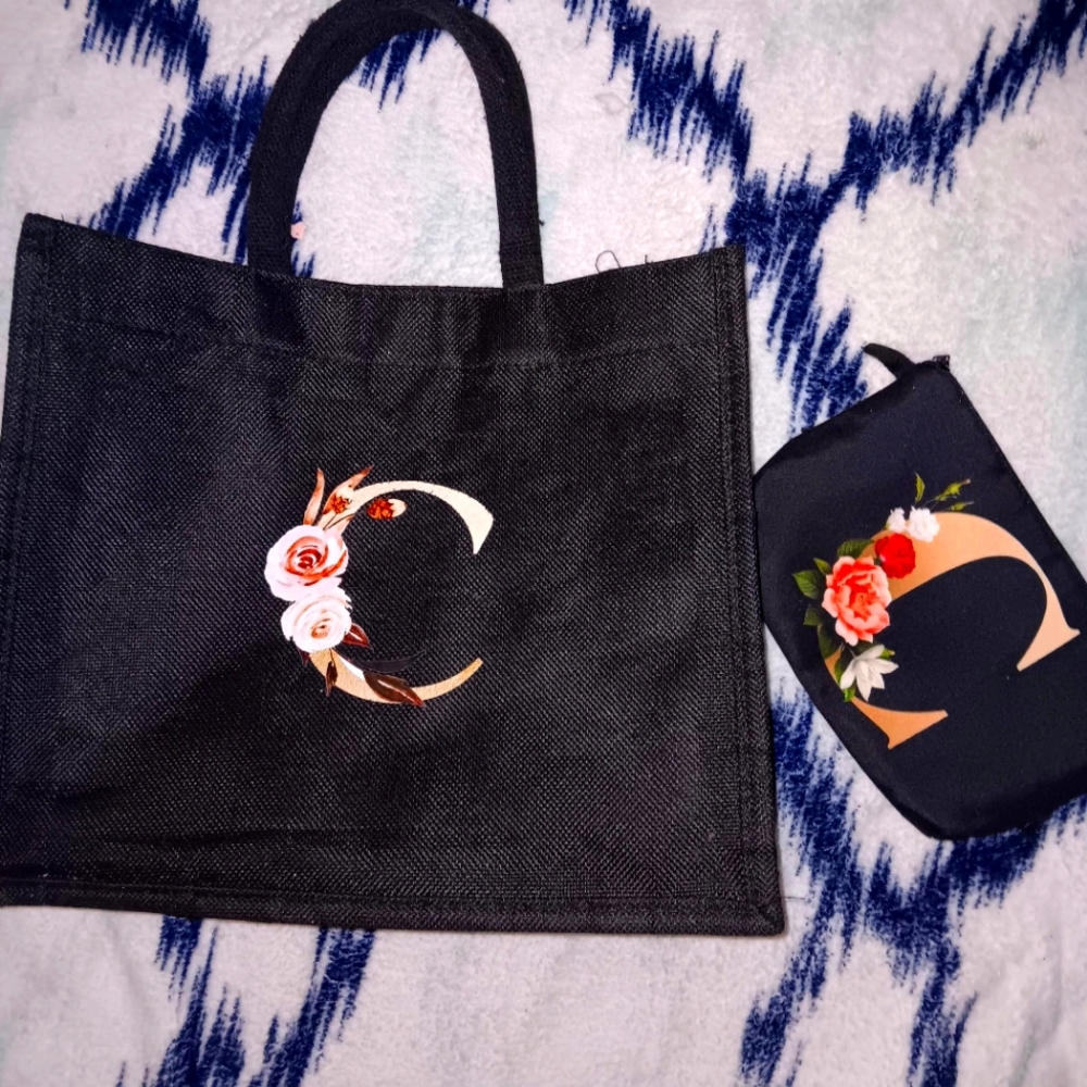 "C" Monogrammed tote with matching wristle/ makeup bag